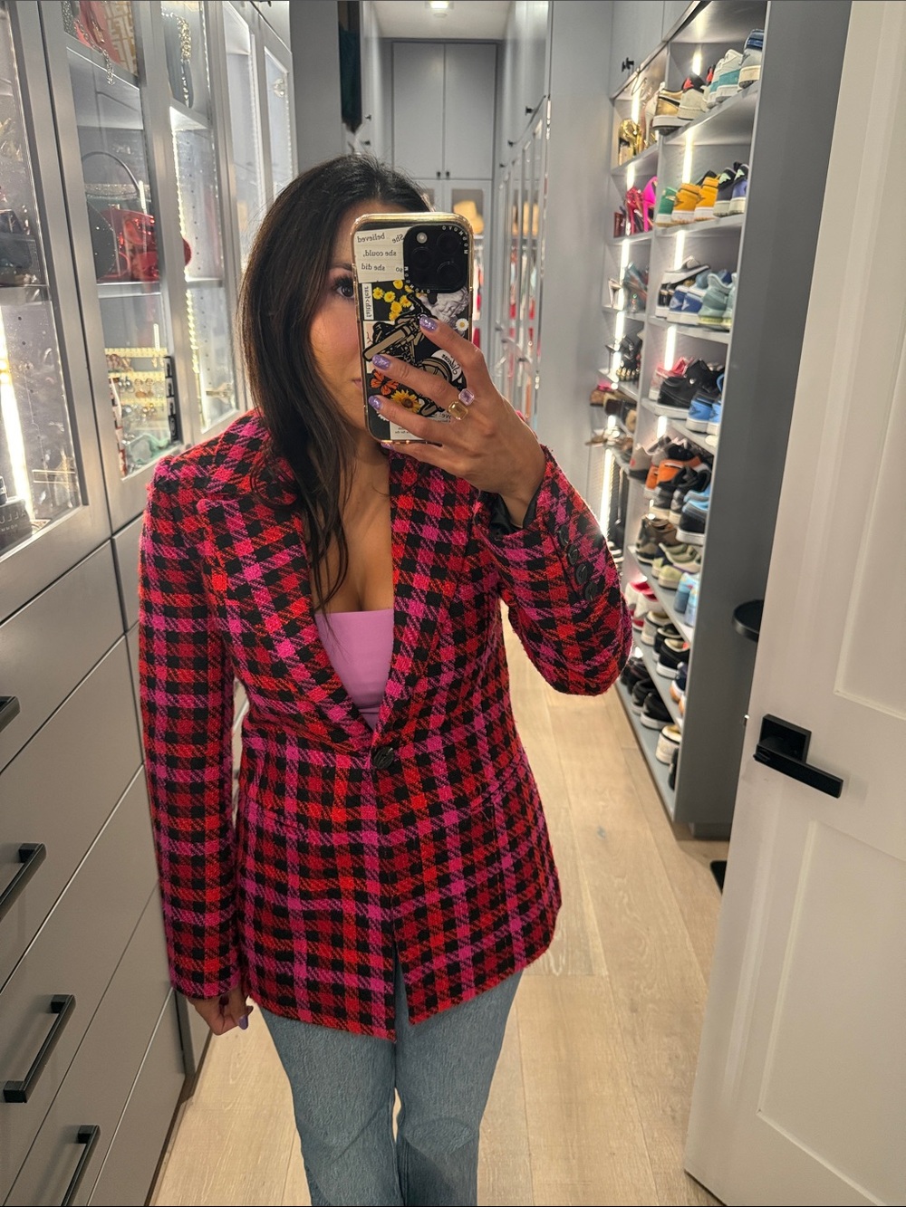 Avec Les Filles Pink and Black Houndstooth Blazer